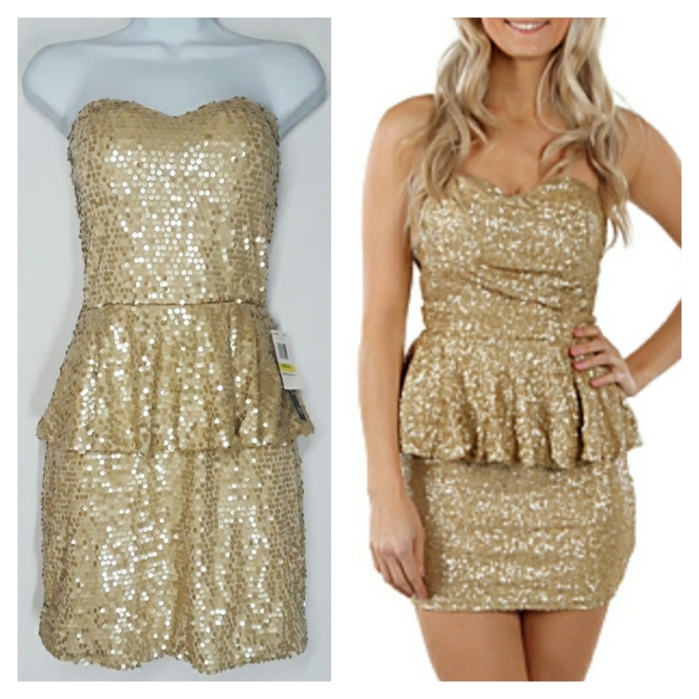 AS U WISH Gold Sequin Strapless Peplum Party Cocktail Dress Medium NWT